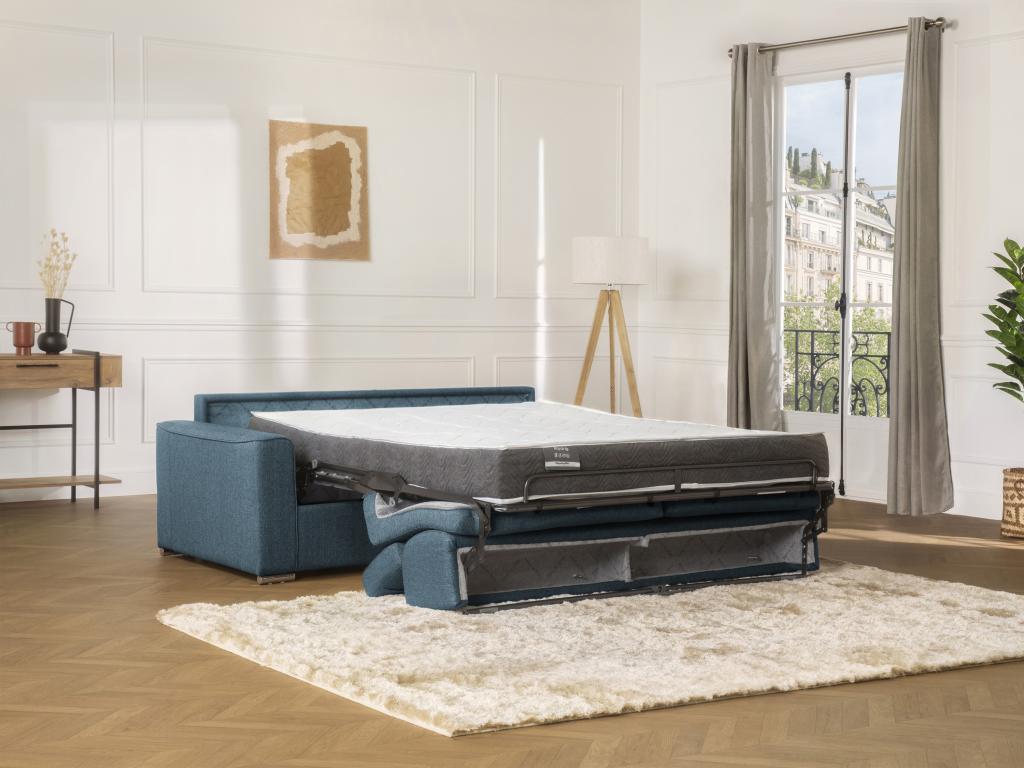 Sofá cama de 3 plazas de tela de apertura rápida VIZIR - Azul - Somier de láminas de 140 cm - Colchón de 16 cm con memoria de forma