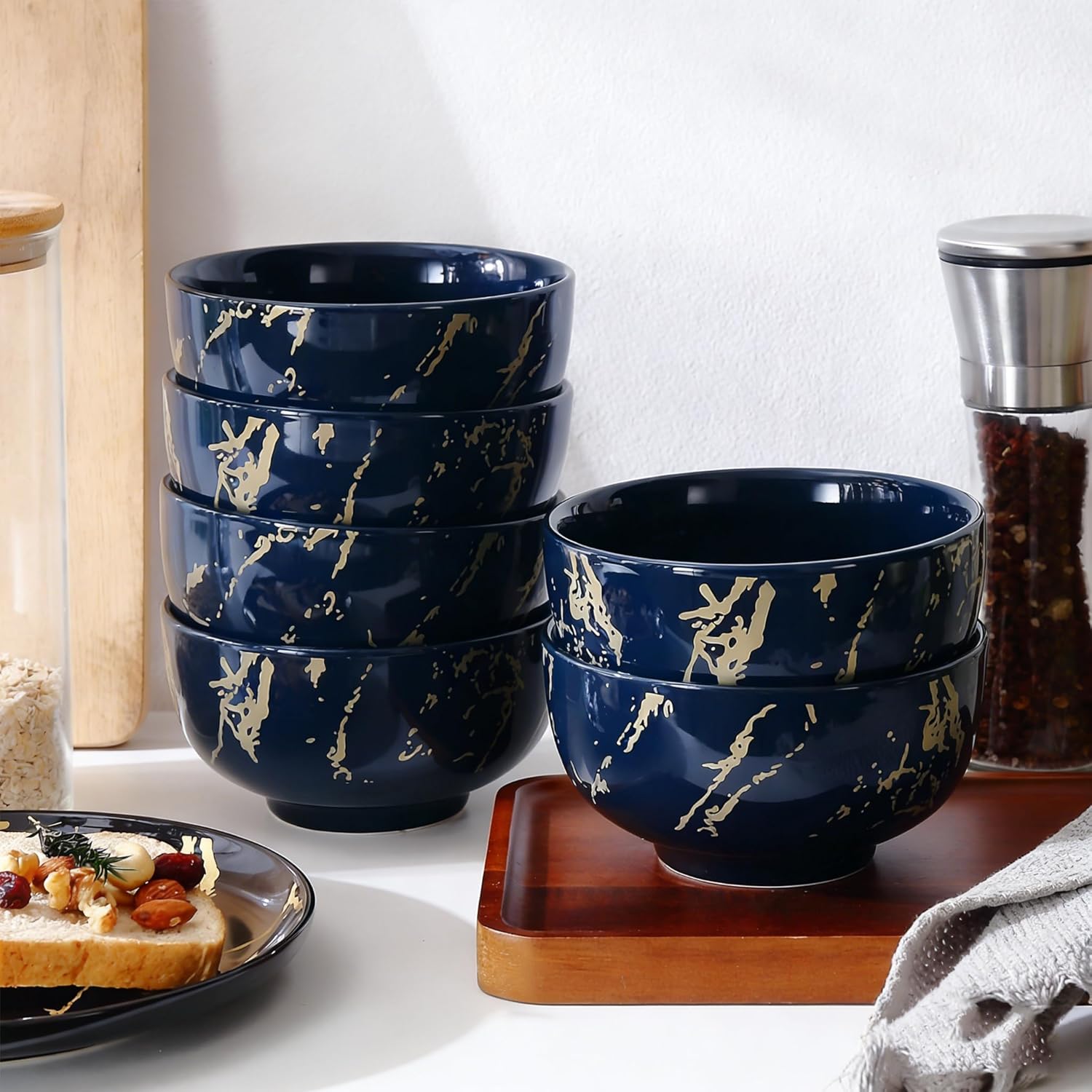 6-Piece Blue and Gold Marble Ceramic Bowls, 20 oz – Bohemian Soup & Cereal Bowl Set, Dishwasher & Microwave Safe, for Ramen, Pasta, Salad, Dessert