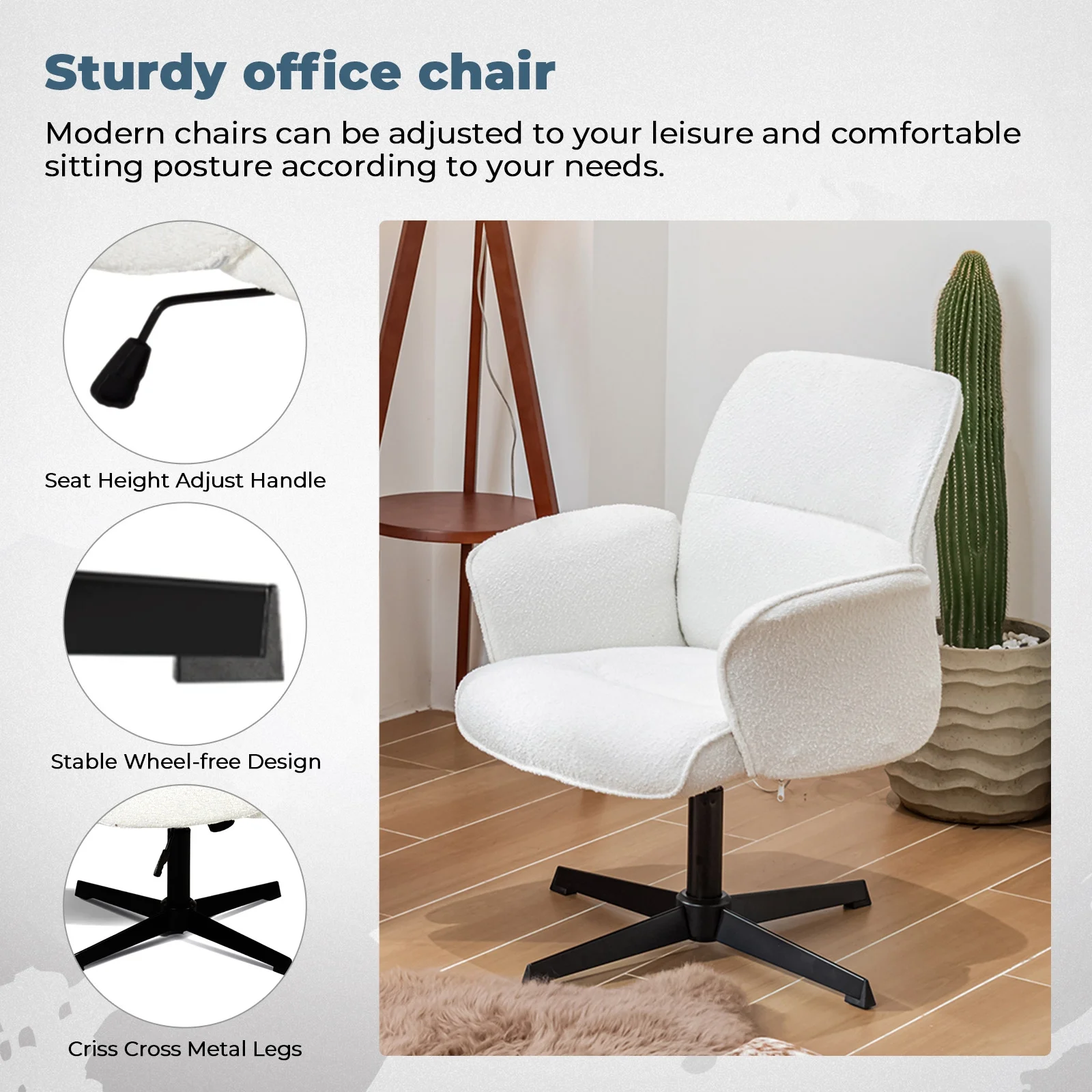 Homy Casa Ergonomic Criss Cross Leg Fabric Office Chair, Height Adjustable Wide Seat, Beige - Image 12