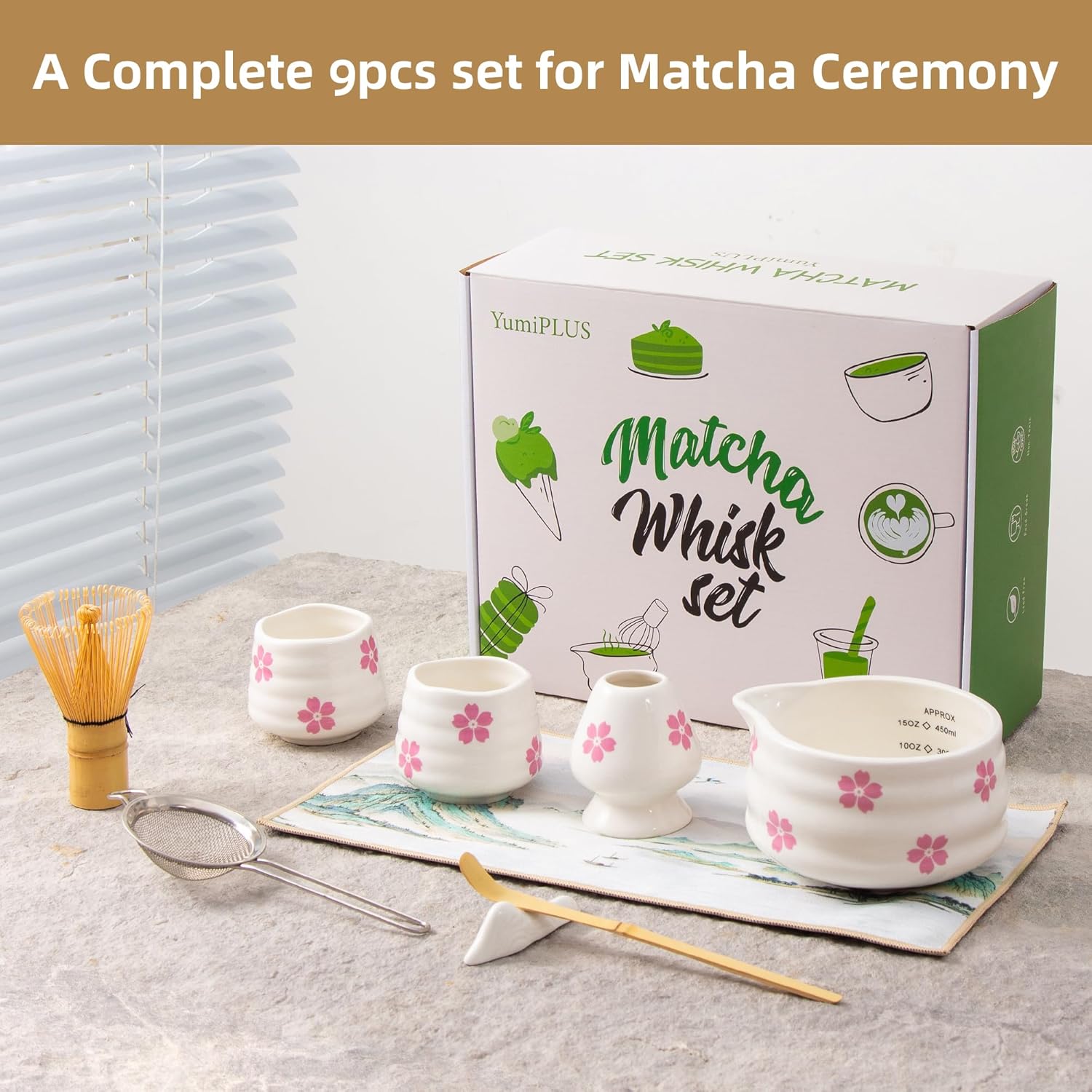 9pcs Premium Matcha Set,Ceramic Bowl with Spout and Bamboo Whisk set, Ceremonical Matcha Kit for breakfast/latte,Tea Starter Making Kit, Unique Christmas/Valentine Gift (Sakura 9pcs)