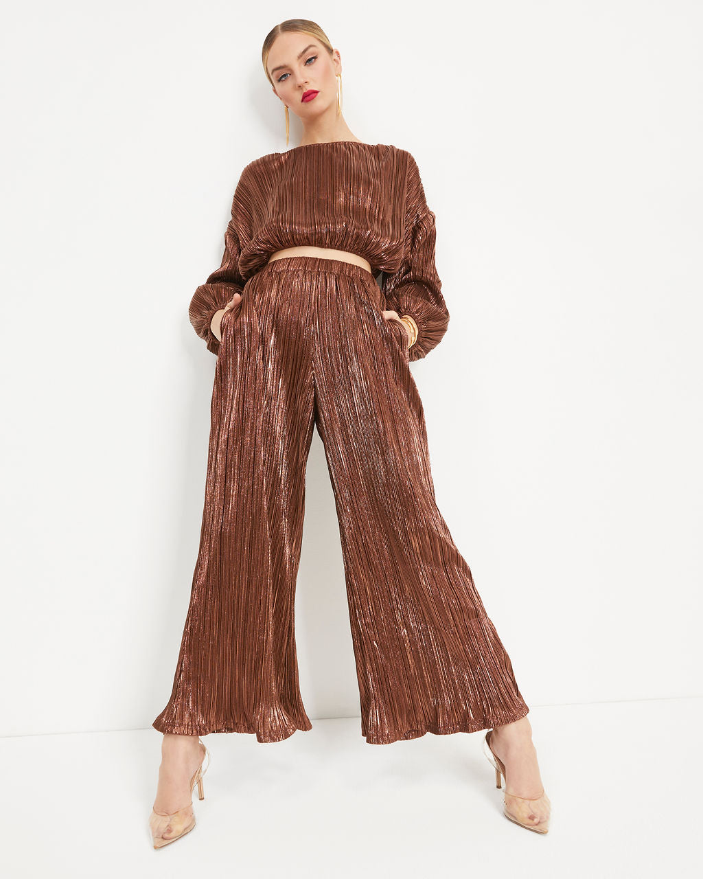 Kiyara Billowed Shimmer Plisse Top - Bronze - Se7enfashion