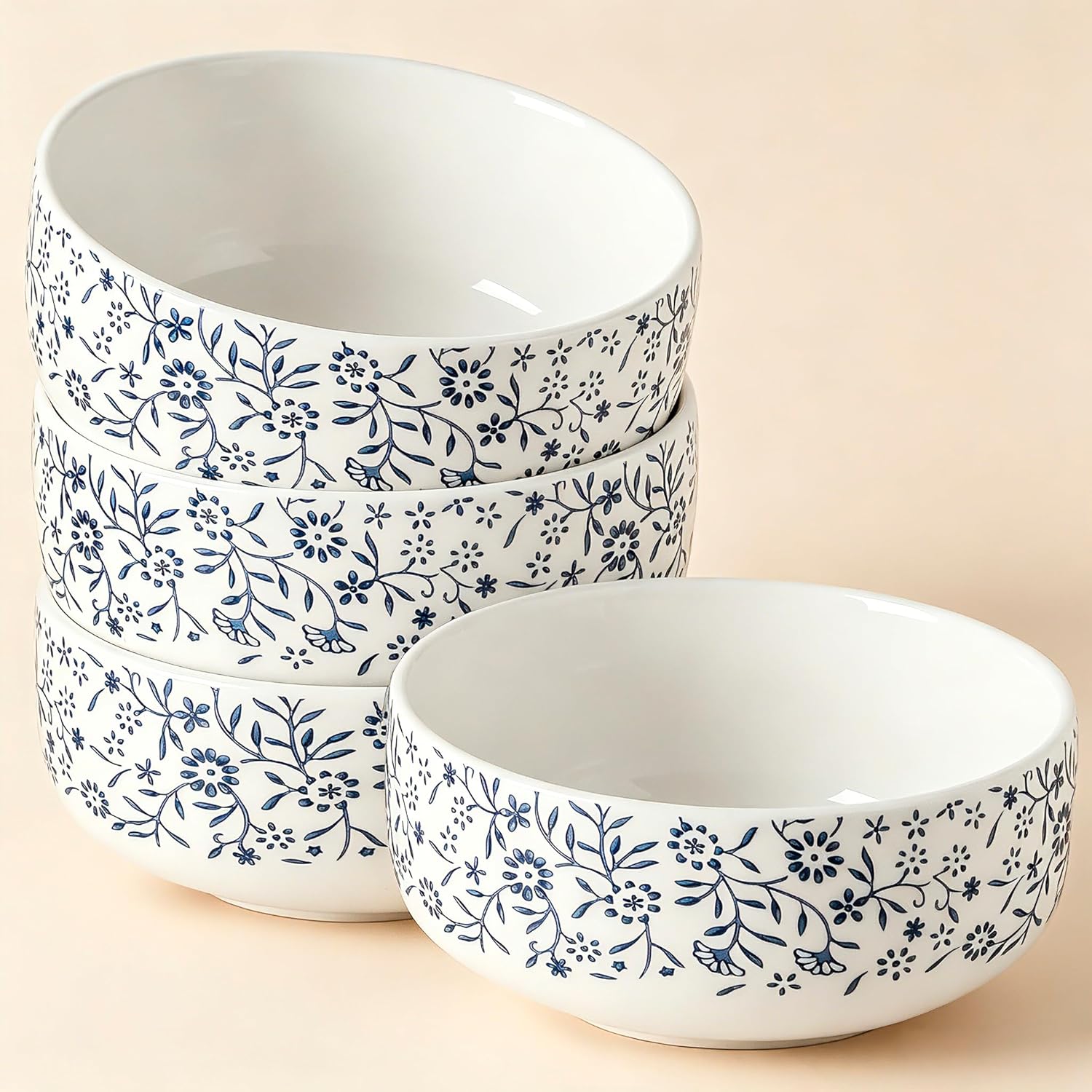 Large Soup Bowls Set of 4, Ceramic Serving Bowl Japanese, Cereal Bowls for Breakfast, Blue and White bowl for Raman Oatmeal Salad Rice Pho, Microwave & Dishwasher Safe