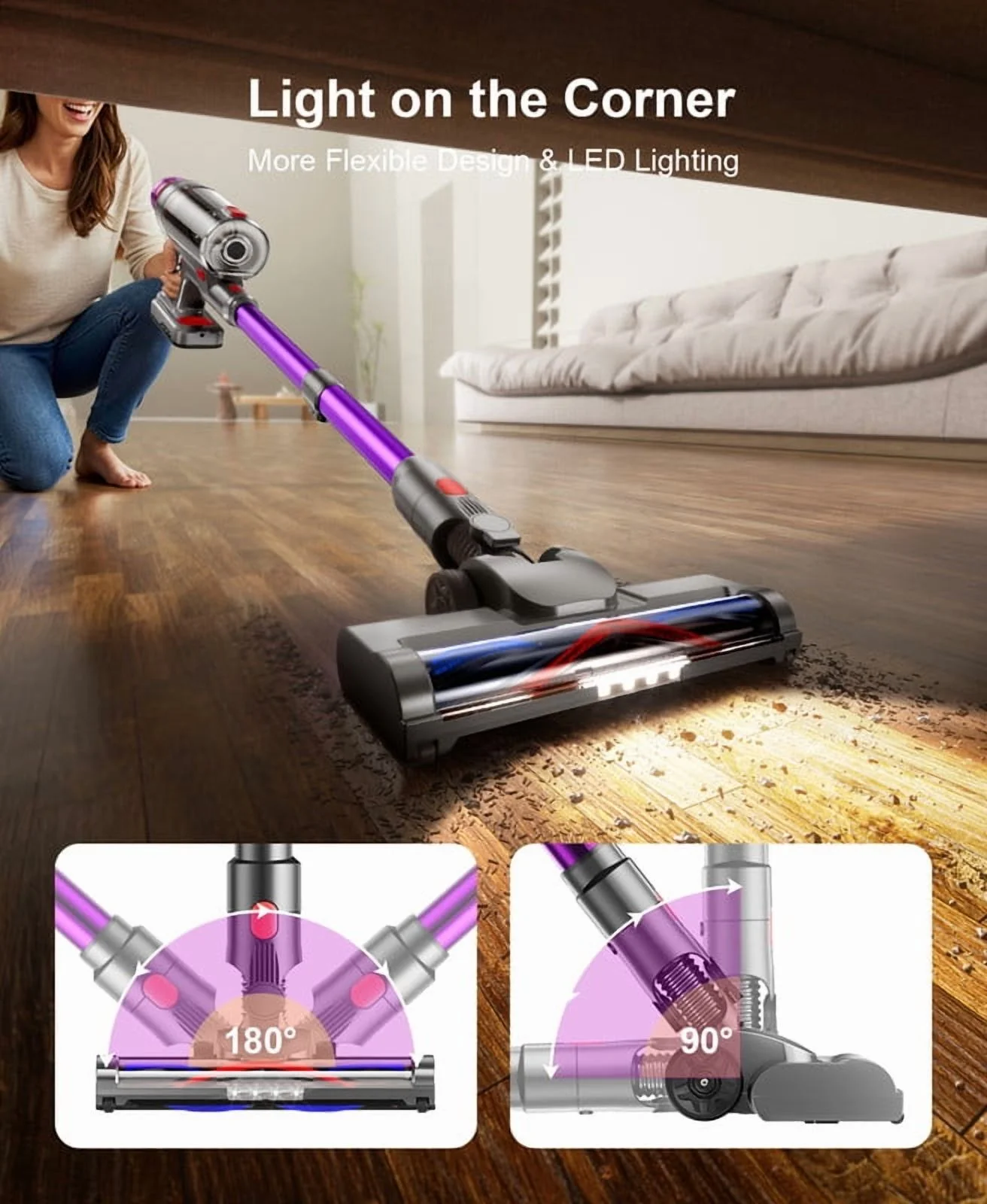 Hosaud Cordless Vacuum Cleaner - 45000pa 550W 55mins 2600mAh Lightweight Stick Vacuum Cleaners for Home Pet Hair Carpet Floor Purple - Image 8