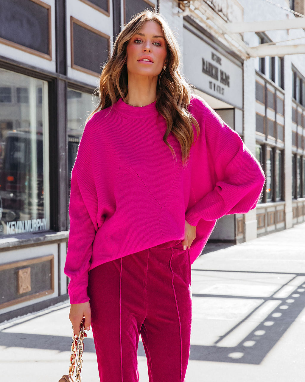 Bold Type Ribbed Pullover Sweater - Fuchsia - Se7enfashion