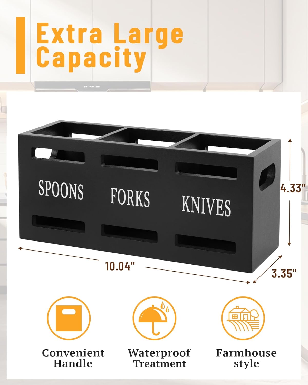 Kitchen Utensils Holder for Counter, Wooden Utensil Organizer for Storage Cooking and Silverware, Black Cooking Utensil Storage Box for Countertop,Wood Organizer with 3 Compartments,Rustic Minimalist.
