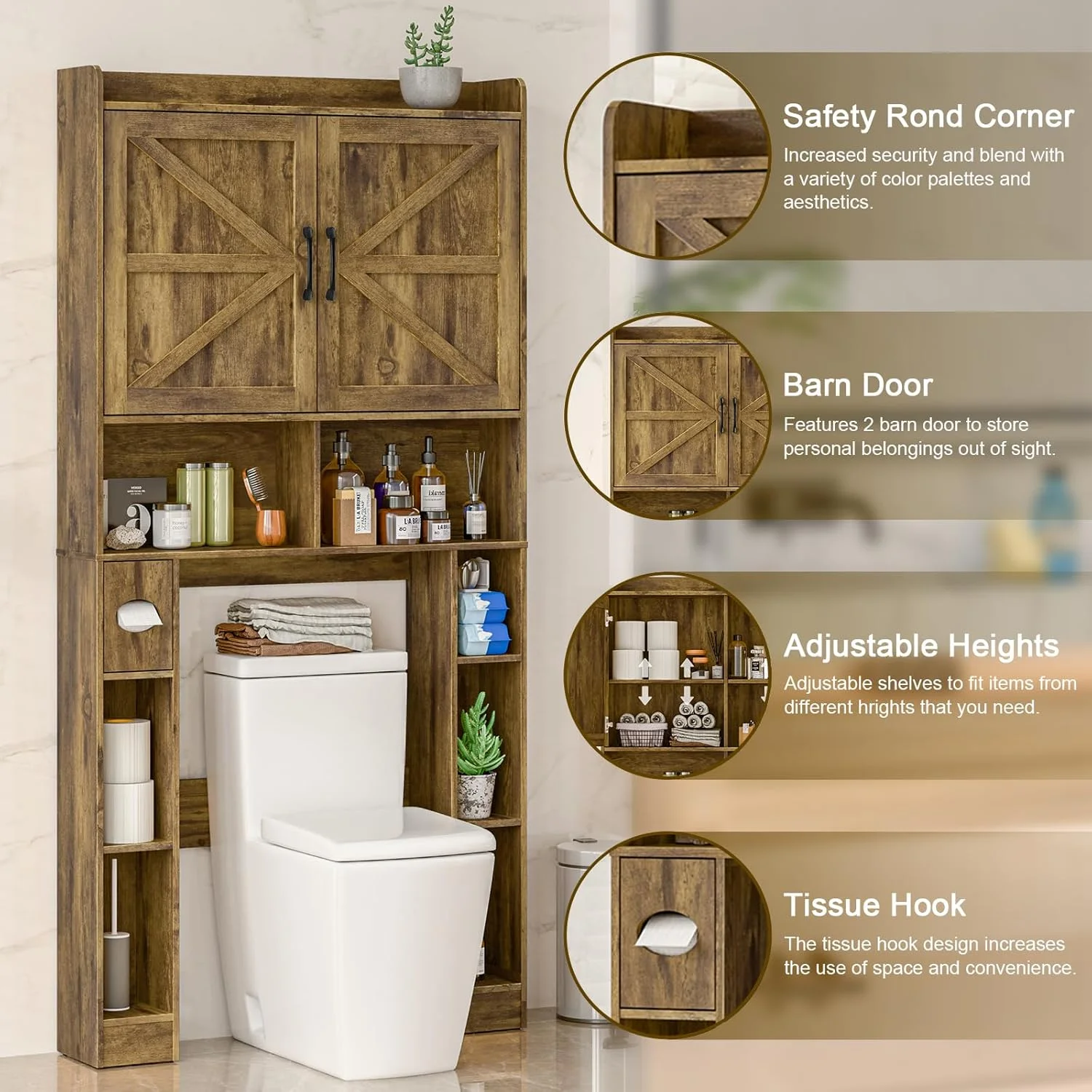 Vabches Over The Toilet Storage Cabinet with Toilet Paper Holder Stand, Above Toilet with Adjustable Shelf & 2 Doors - Image 24