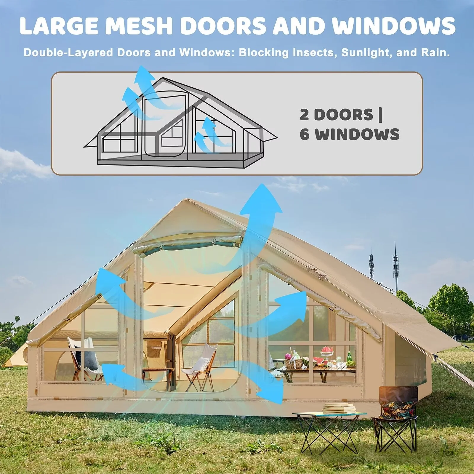 Lilypelle 4-6 Person Blow Up Inflatable Tent with Stove Jack, Hot Tent for Camping with Hand Pump, Waterproof Inflatable Camp Tent with Mesh Windows, Easy Setup Glamping Inflatable House - Image 2