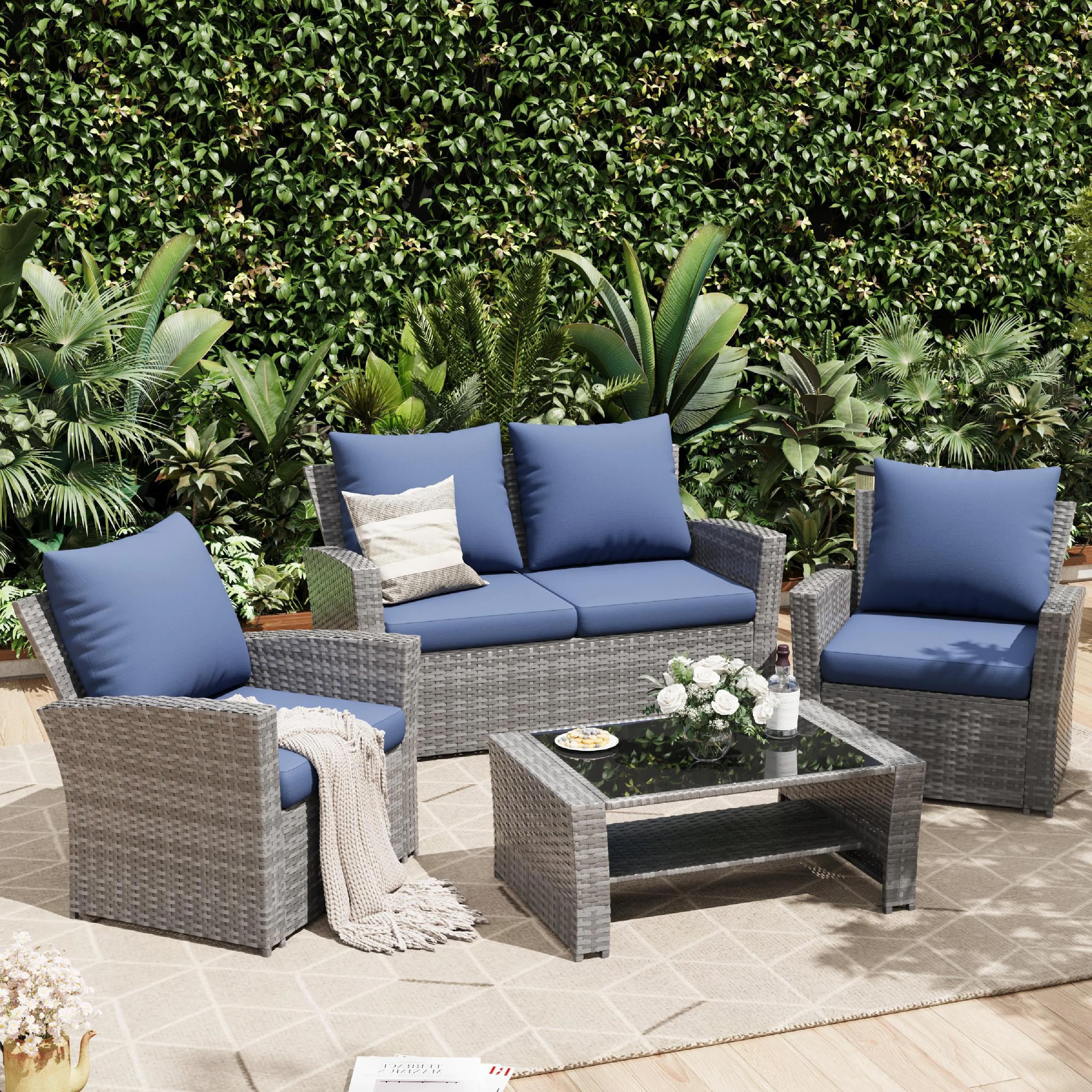 UDPATIO Wicker Patio Furniture Set, 4 Piece Outdoor Sectional Conversation Sets, Gray PE Rattan Patio Sofa Set for Balcony, Porch, Backyard, Grey - Image 11