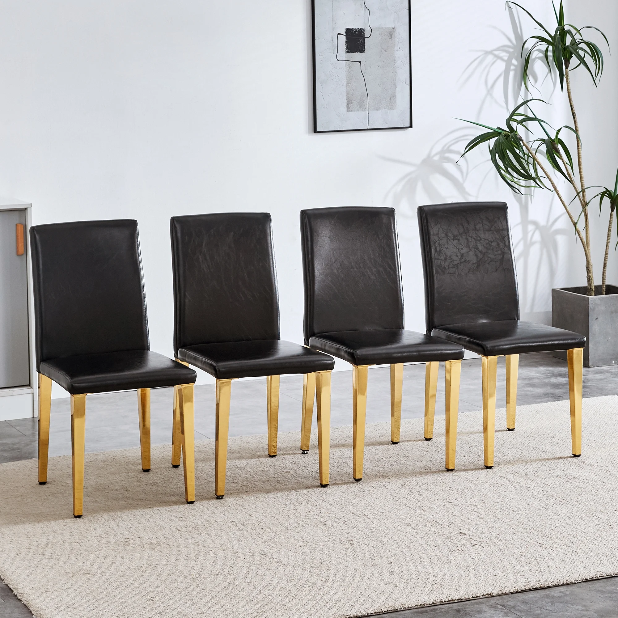Set of 4 black PU leather backrest chairs with gold metal legs -A perfect pairing, ideal for minimalist and modern home decor styles, with product dimensions of 16.2*18.5*34.6 inches. - Image 4