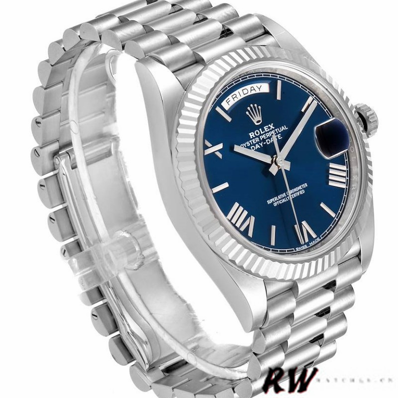 Rolex Day-Date 228239 Blue Roman Dial Fluted Bezel 40mm Mens Replica Watch