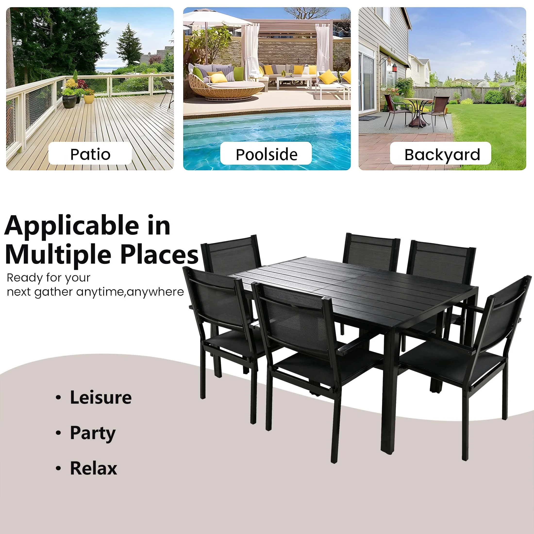 7 Piece Outdoor Dining Set, Patio Dining Table Set for 6 Persons, Garden Patio Textilene Dining Furniture Set with Plastic-Wood Tabletop, Dining Table Chairs Conversation Set for Deck Patio - Image 18