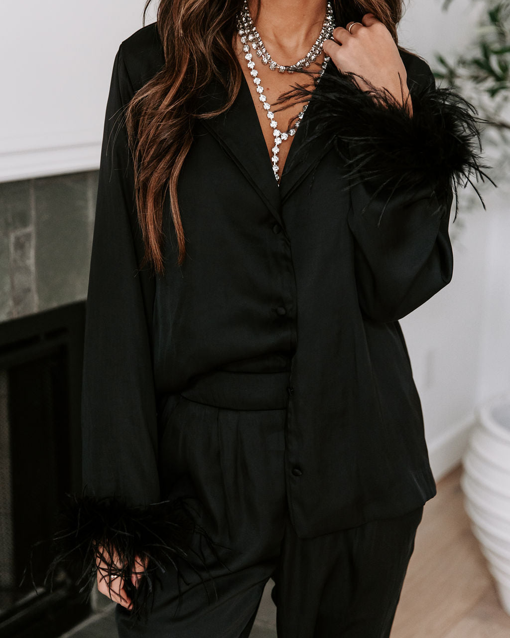 Marilynn Satin Feather Trim Button Down Top - Black - Se7enfashion