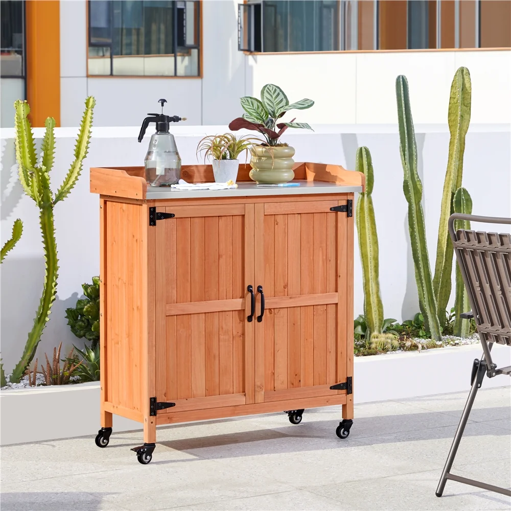 Renwick Garden Potting Bench Table with Cabinet, Brown - Image 6