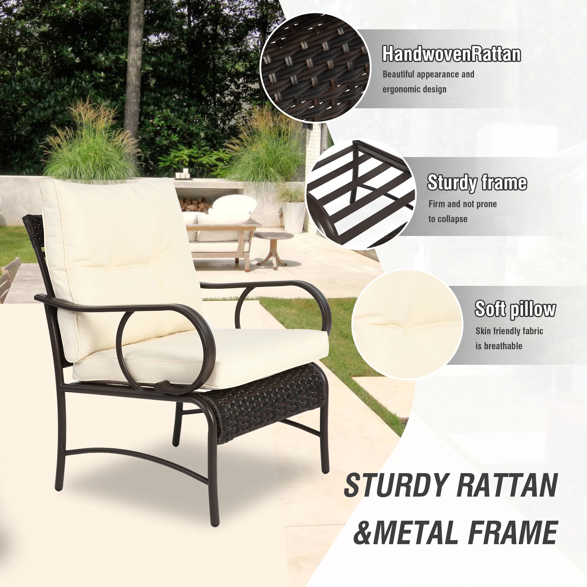 Villeston 3 Piece Outdoor Wicker Conversation Patio Set, with 2 Chairs, Table for Porch Garden,Blue - Image 18