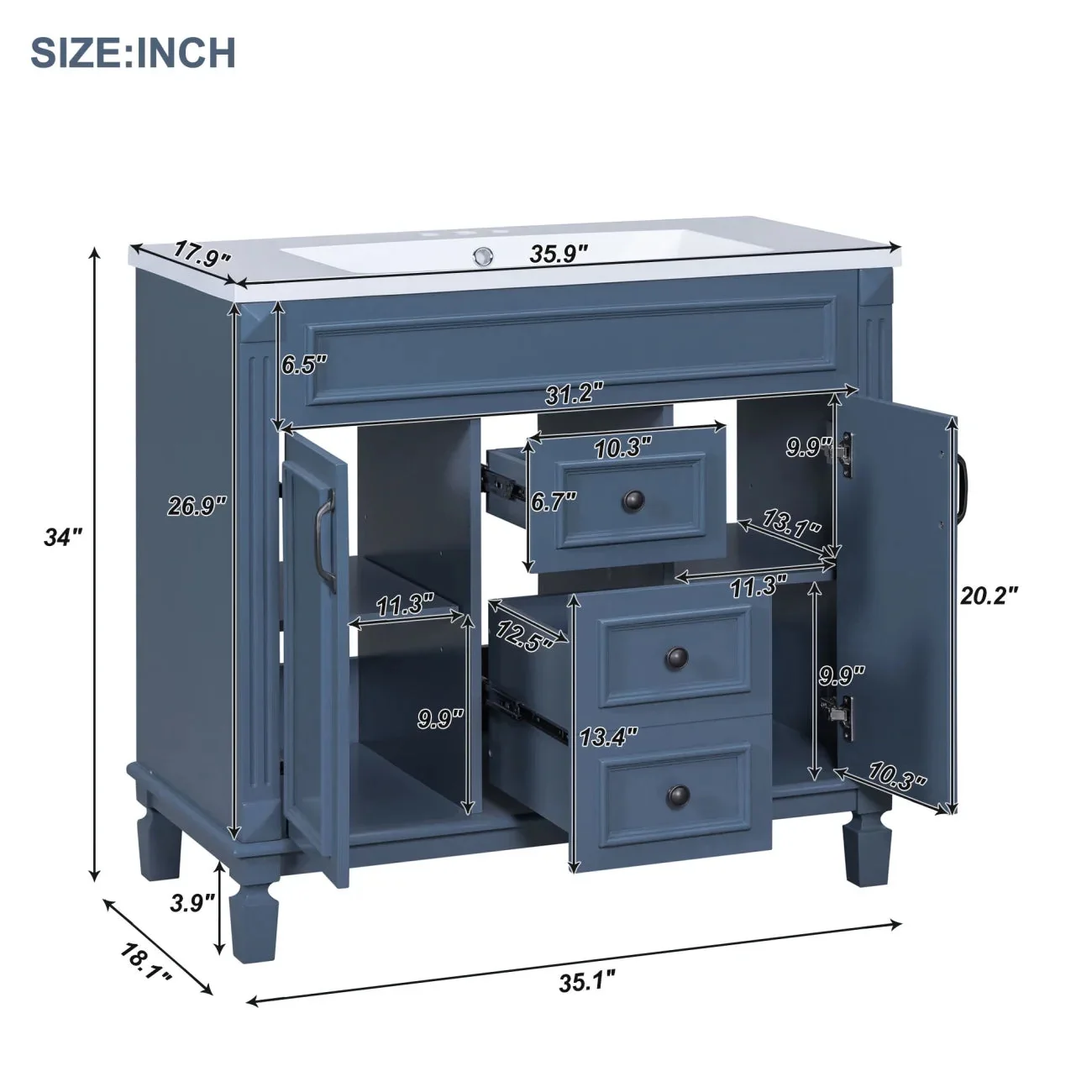 36'' Bathroom Vanity Set With Ceramic Sink Top, Mirror Cabinet, 2 Doors And 2 Drawers - Gray - Image 17 36'' Bathroom Vanity Set With Ceramic Sink Top, Mirror Cabinet, 2 Doors And 2 Drawers - Gray - Image 17
