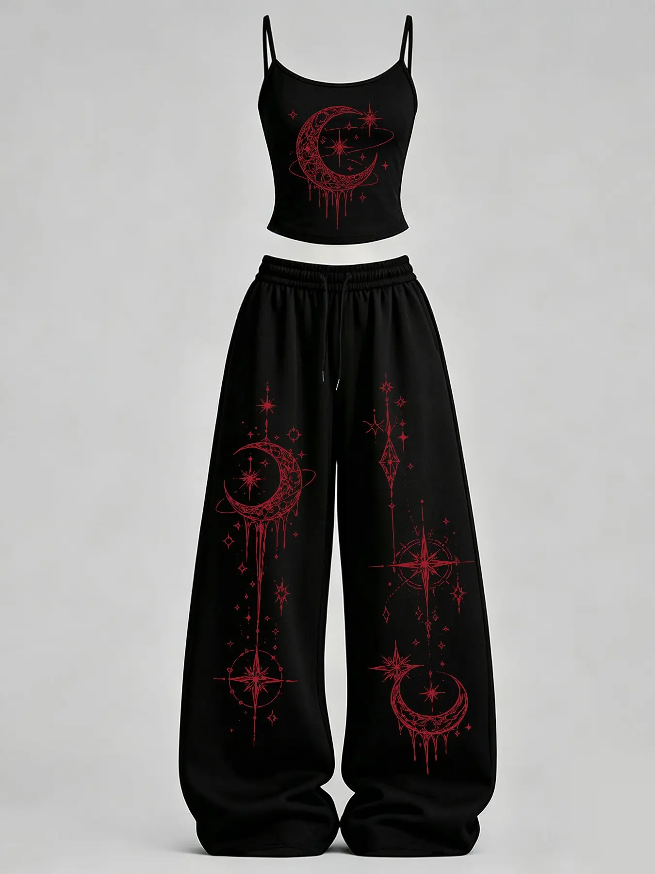 Women's Home Casual, Star Moon Astrology Print Slim Fit Tank Top + Loose Pants Set TeeThreads Sustain the Scene with Custom Apparel