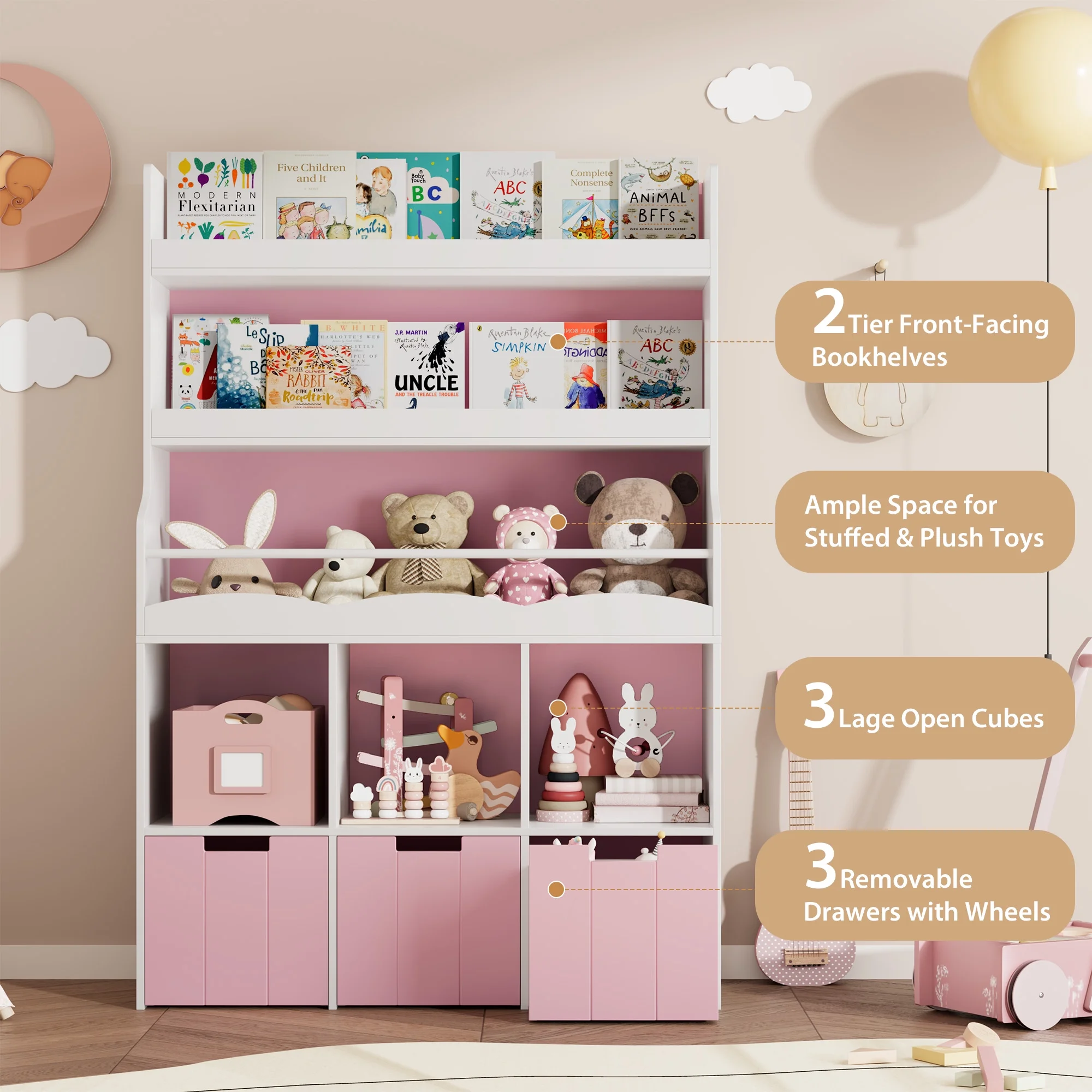 Homfa 55.5- H Kids Bookshelf with 2-Tier Book Shelves, Children Toy Organizer with 3 Cubes and Removable Drawers, White - Image 12