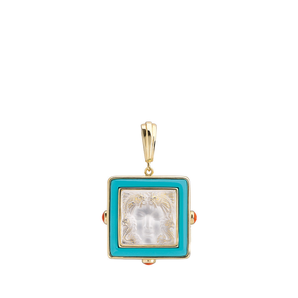 PENDENTIF ARÉTHUSE - CRISTAL INCOLORE, LAQUE TURQUOISE, PLAQUÉ OR JAUNE 18 CARATS