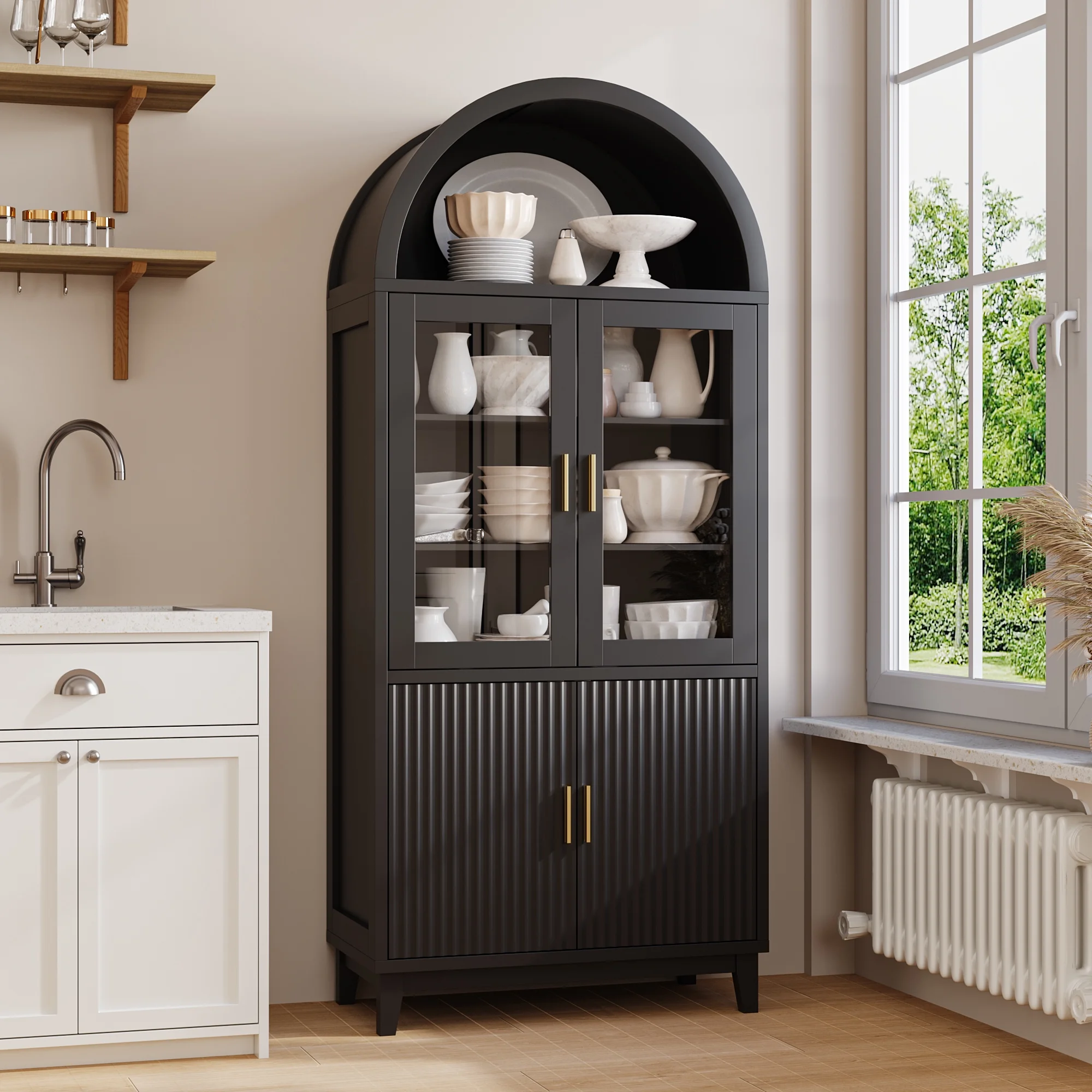 VEANERWOOD 71" Tall Arch Cabinet, Wood Fluted Kitchen Kitchen Storage Cabinet with 4 Doors and 6 Shelves for Dining Room Living Room - Image 12
