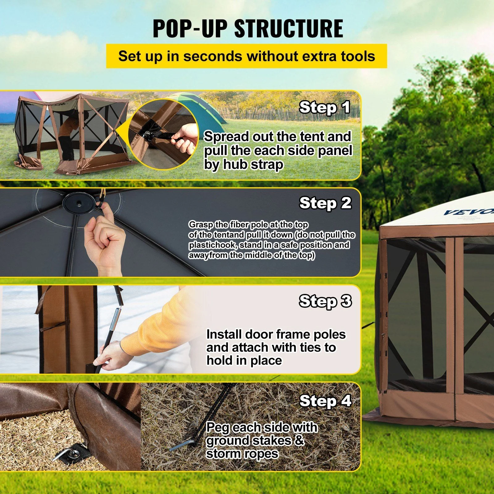 Quick Setup 12x12 Foot Gazebo Tent, 6-Sided Canopy with Mesh Screens & Carry Bag -?Sun Shade Shelter for Outdoor Events, Backyard, Picnic (Beige/Brown) - Image 4