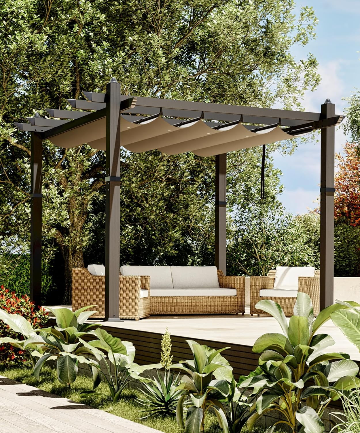 EastVita 10x10 Ft Aluminum Pergola,Outdoor Pergola with Adjustable Canopy,Reinforced Frame Metal Pergola for Backyard,Garden and Deck - Khaki - Image 2