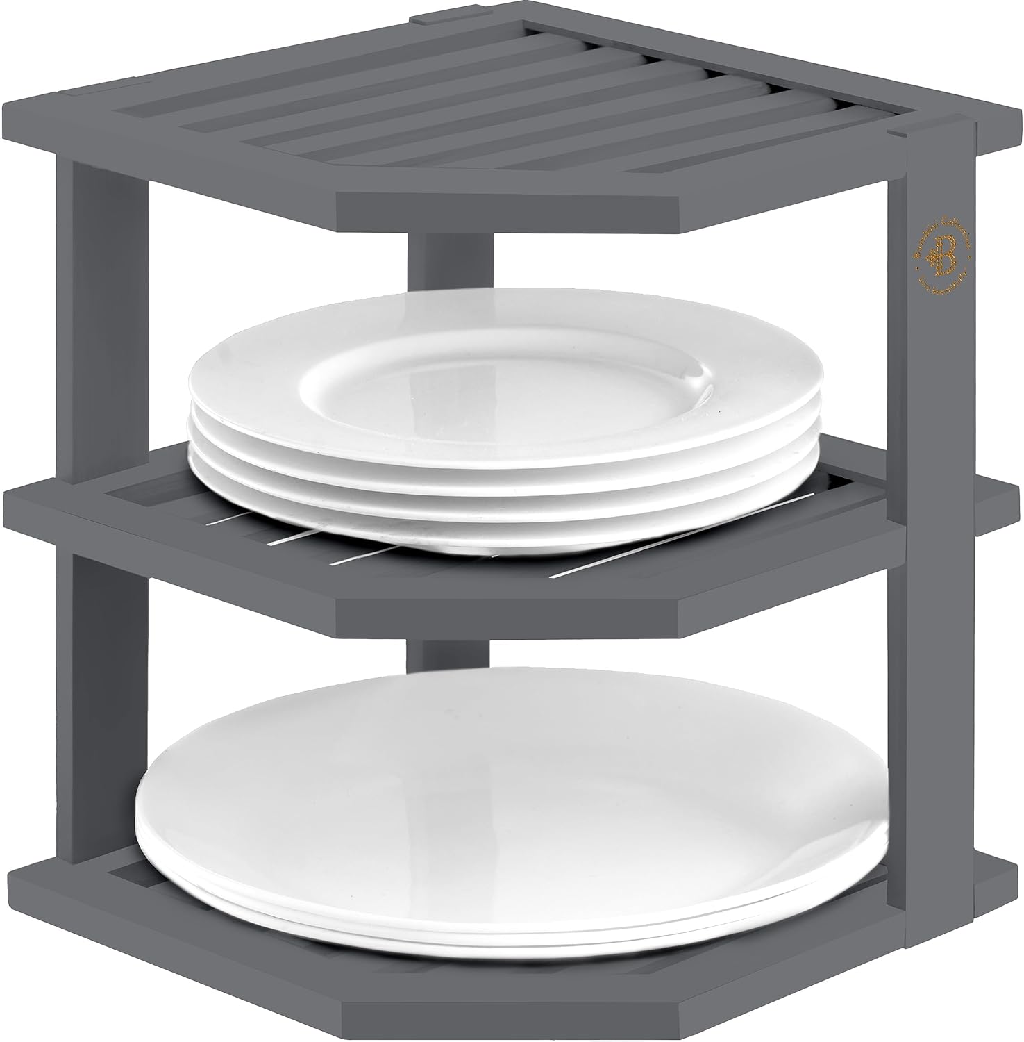 Grey Plate Organizer for Cabinet - 3 Tier Gray Bamboo Corner Cabinet Organizer Shelf for Plates Bowls Mugs Cups, Kitchen Cabinet Organizer, Cabinet Shelf Organizer, Countertop Rack, 10 x 10 x 9.5 Gray