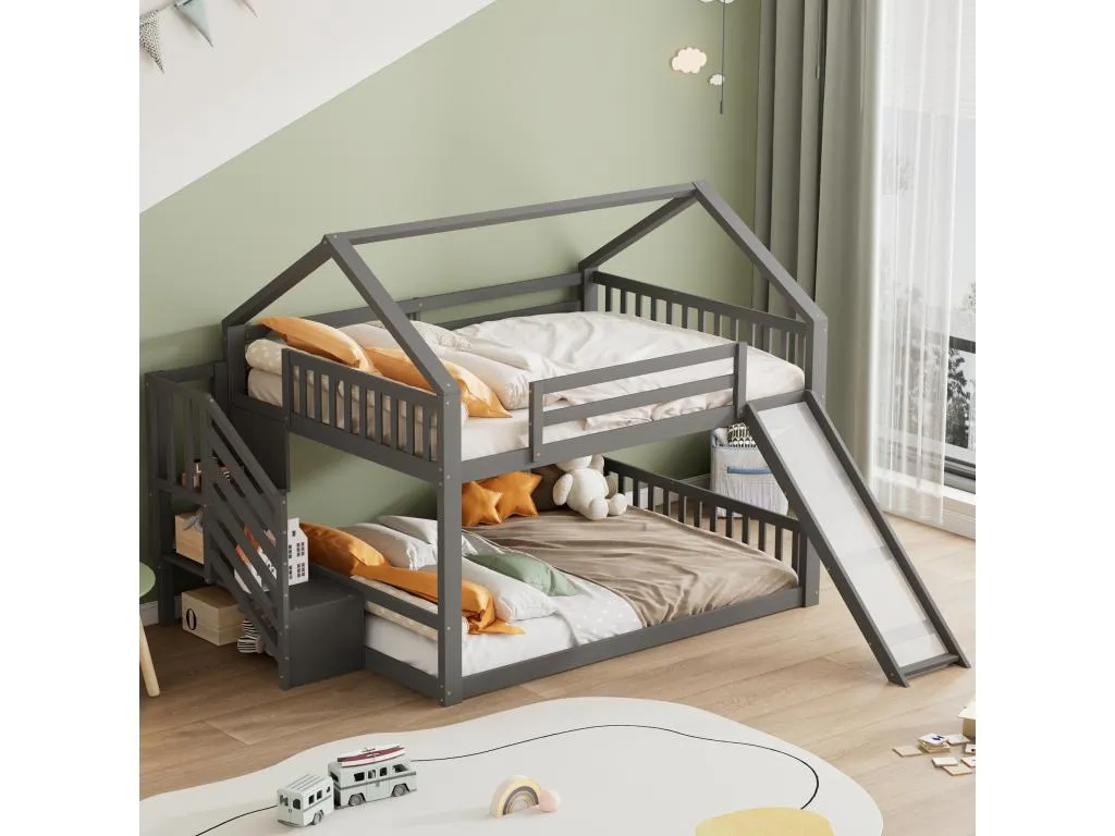 Litera cabina 140x200 cm con escalera y tobogán Hogarsens y MDF gris