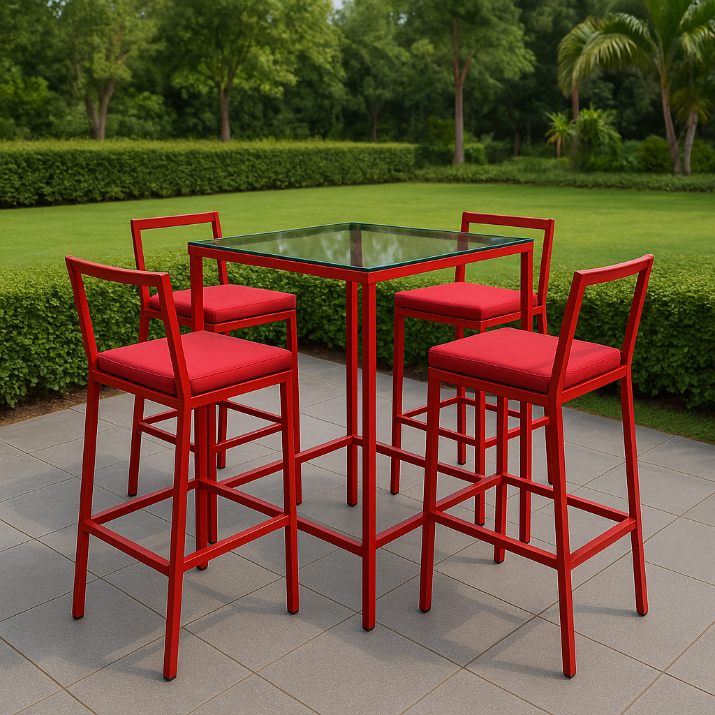 Bar de jardín mesa alta con taburetes y cojines, acero, rojo, para exterior, 120 cm largo x 55 cm ancho x 110 cm alto