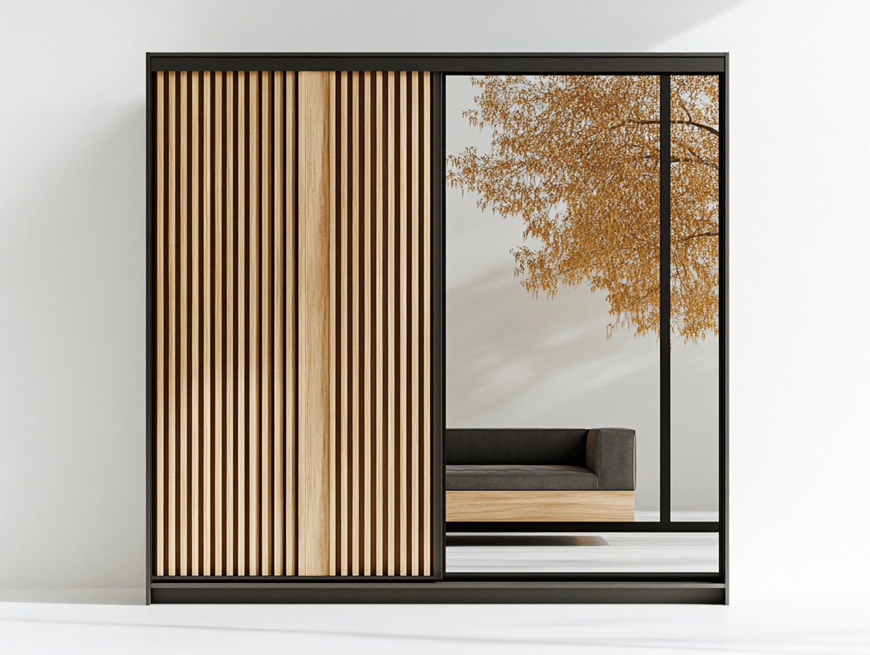 Armario moderno con puertas correderas espejo y listones verticales en madera natural