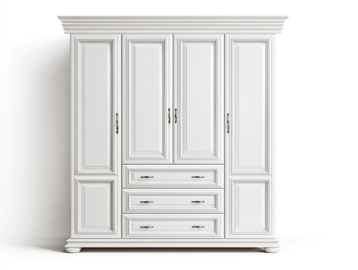 Armario clásico de 4 puertas y 3 cajones 200×65×230 cm – blanco – madera maciza – estilo neoclásico