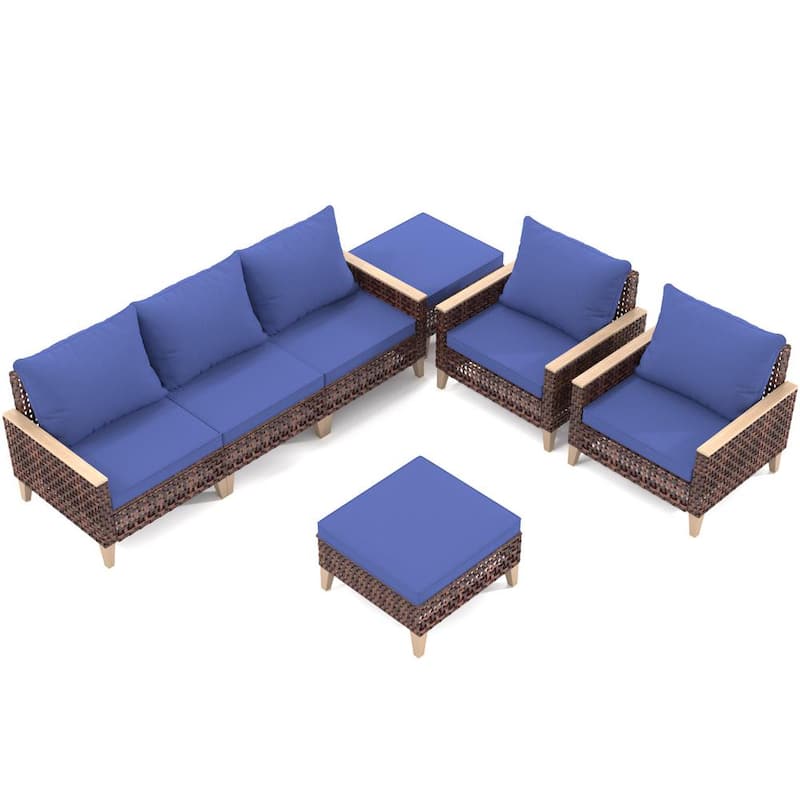 Set de Conversación de Wicker Marrón de 7 Piezas para Patio, Sofá Seccional con Cojines Azules oz4712580
