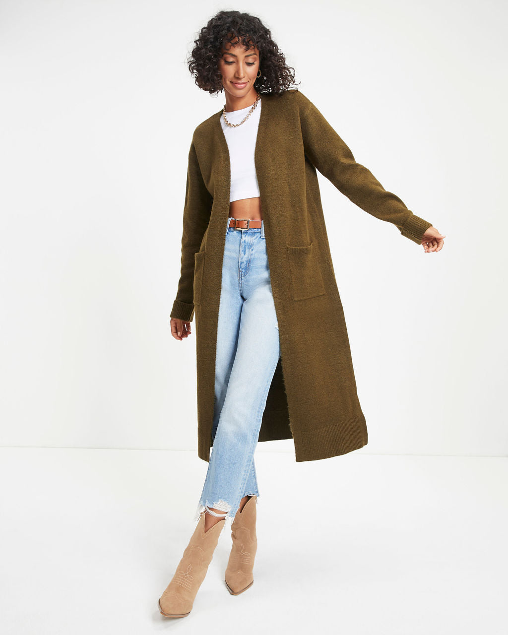 Jordynn Pocketed Knit Duster Cardigan - Dark Olive - Se7enfashion