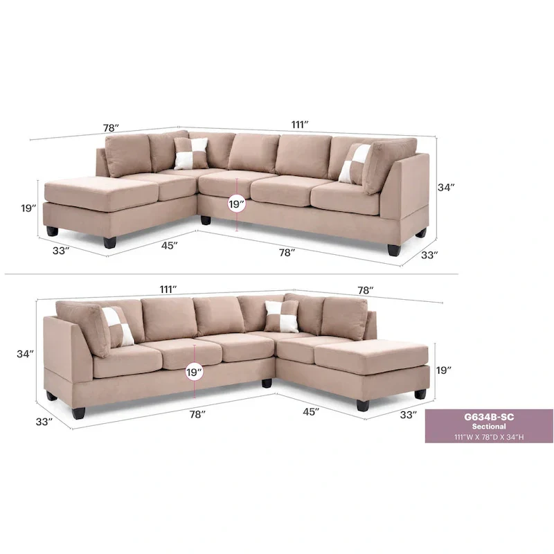 Malone 111-Inch Suede 4-Seater Sectional Sofa with Two Throw Pillows - Dimensions: 111L x 78W x 34H