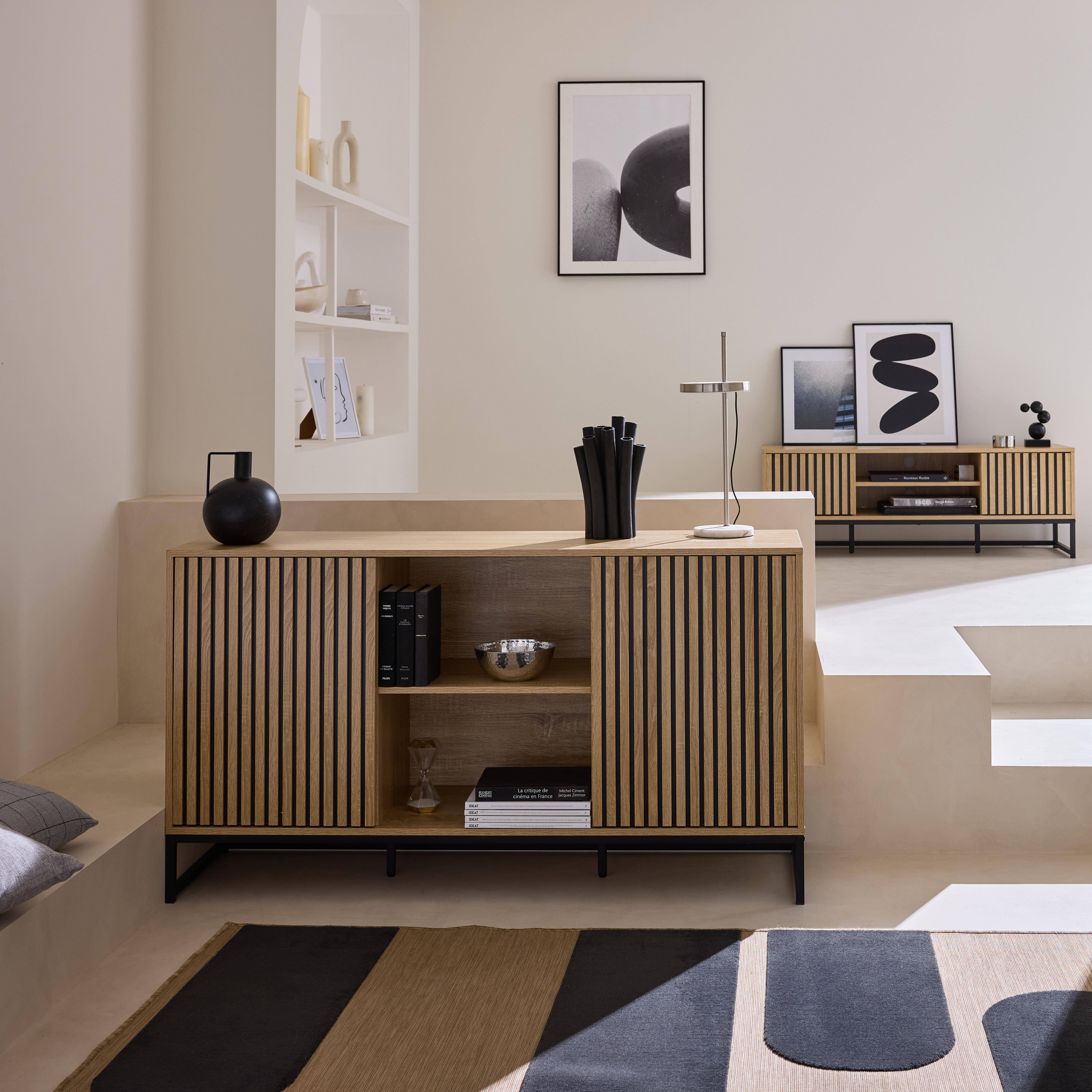 Lisbonne - Aparador contemporáneo acanalado efecto madera de 2 puertas, 140cm