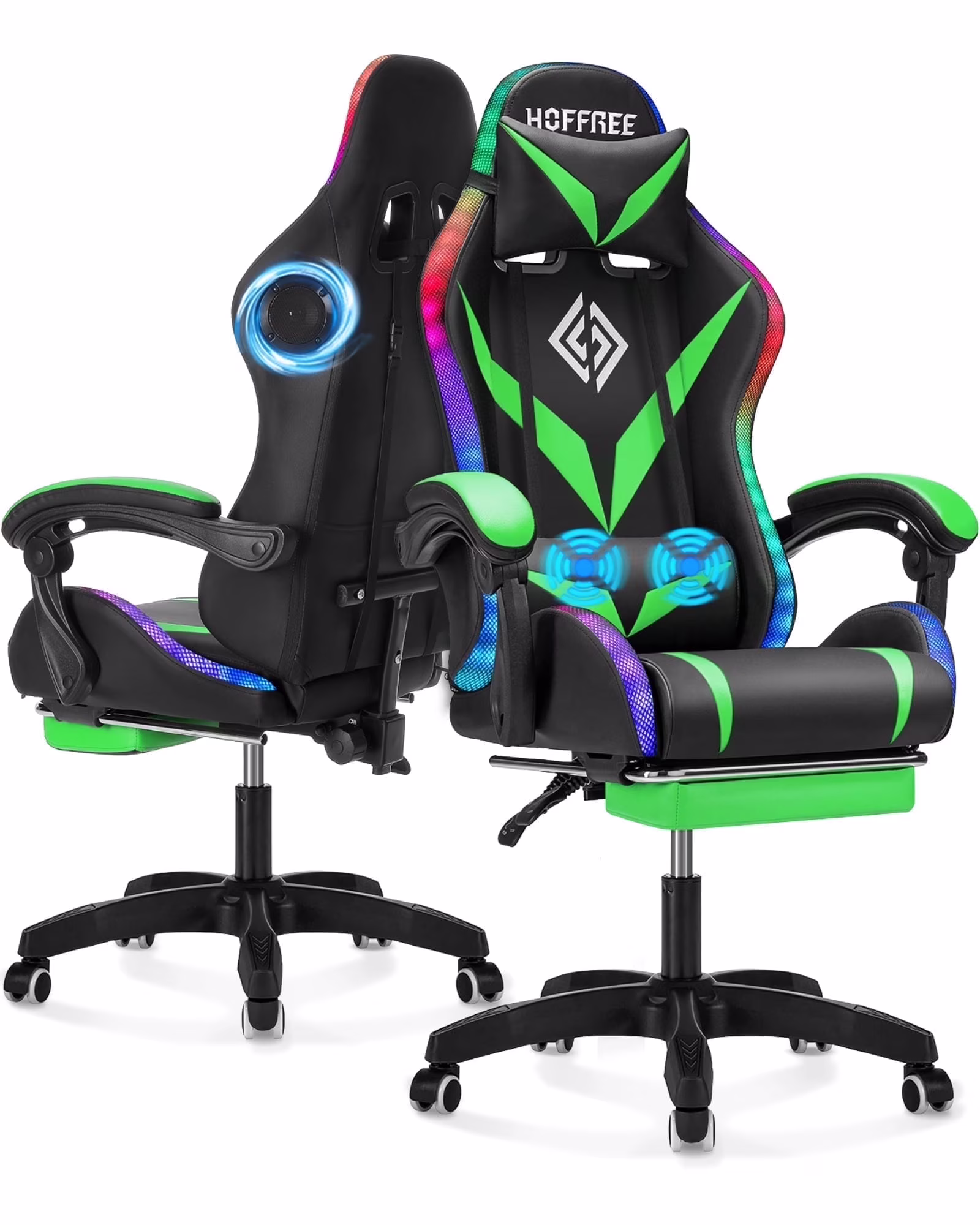 Hoffree Gaming Chair with Speakers PU Leather Office Chair with Footrest and LED Lights Ergonomic Gamer Chair with Massage Lumbar Support and Headrest Adjustable Swivel for Home Office 300lb - Image 9