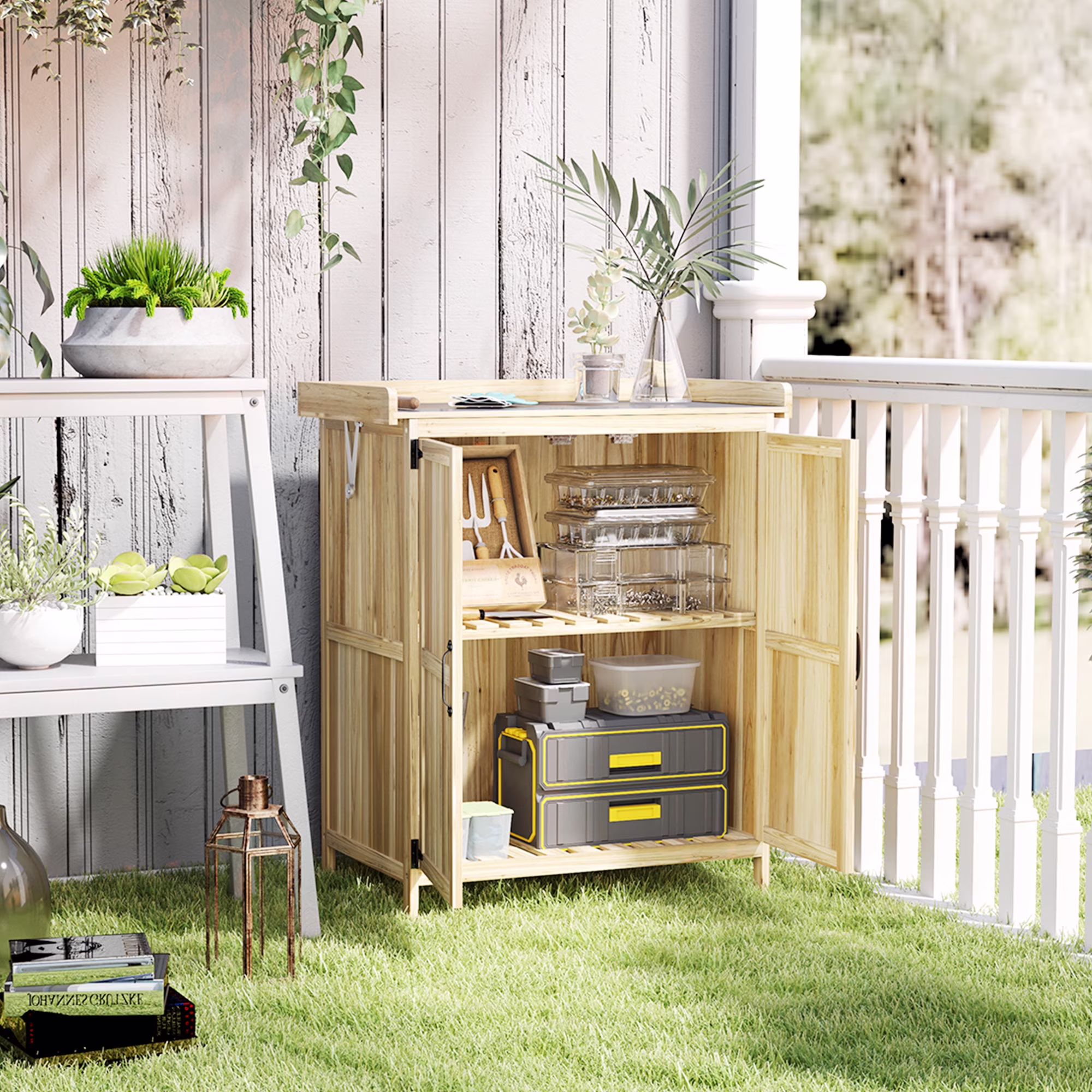 Outsunny Outdoor Garden Shed, Wooden Backyard Shed with Metal Tabletop, Shelf and 2 Doors for Patio, Lawn, Gray - Image 3