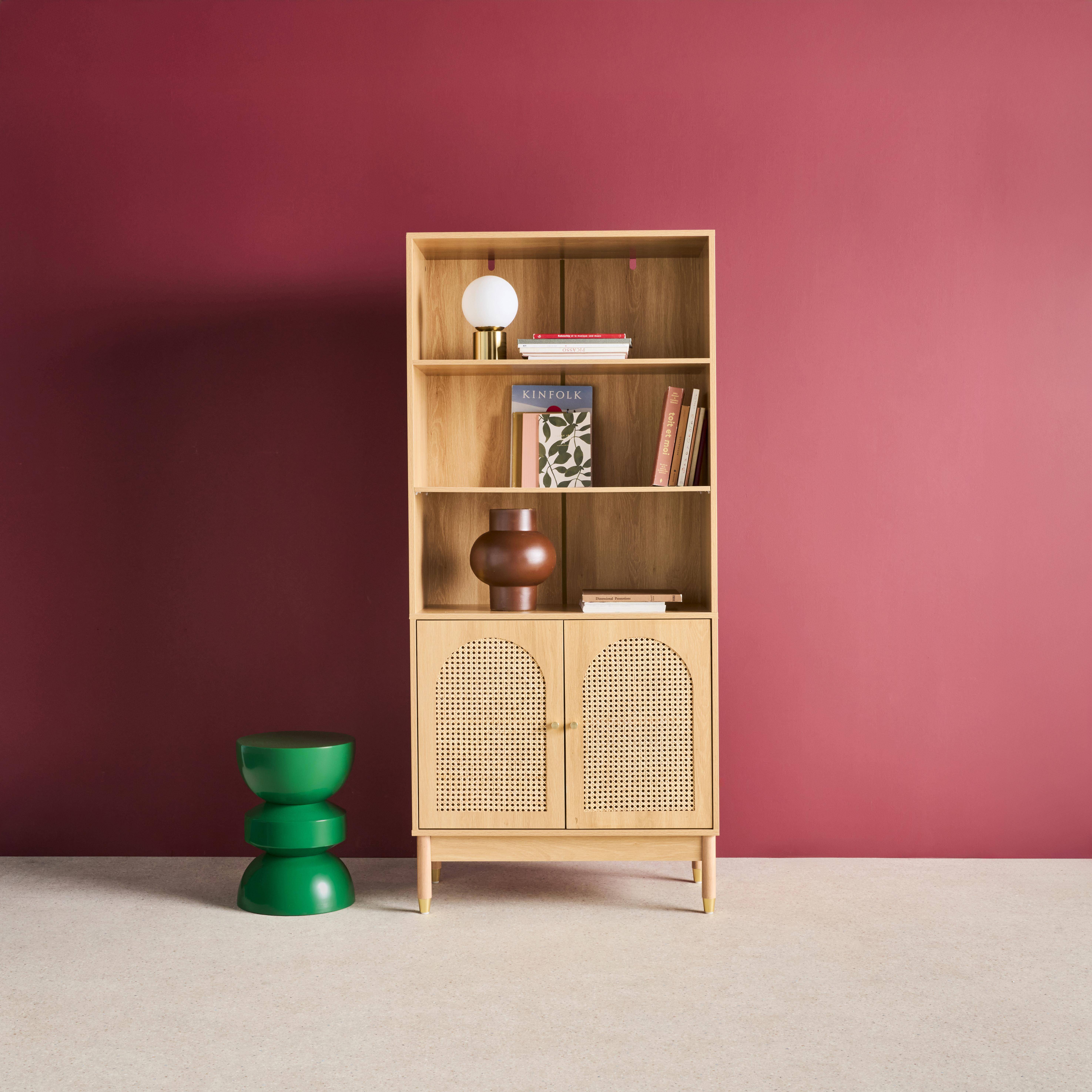 Judith - Estantería biblioteca decorativa de madera y mimbre 4 niveles, 2 puertas