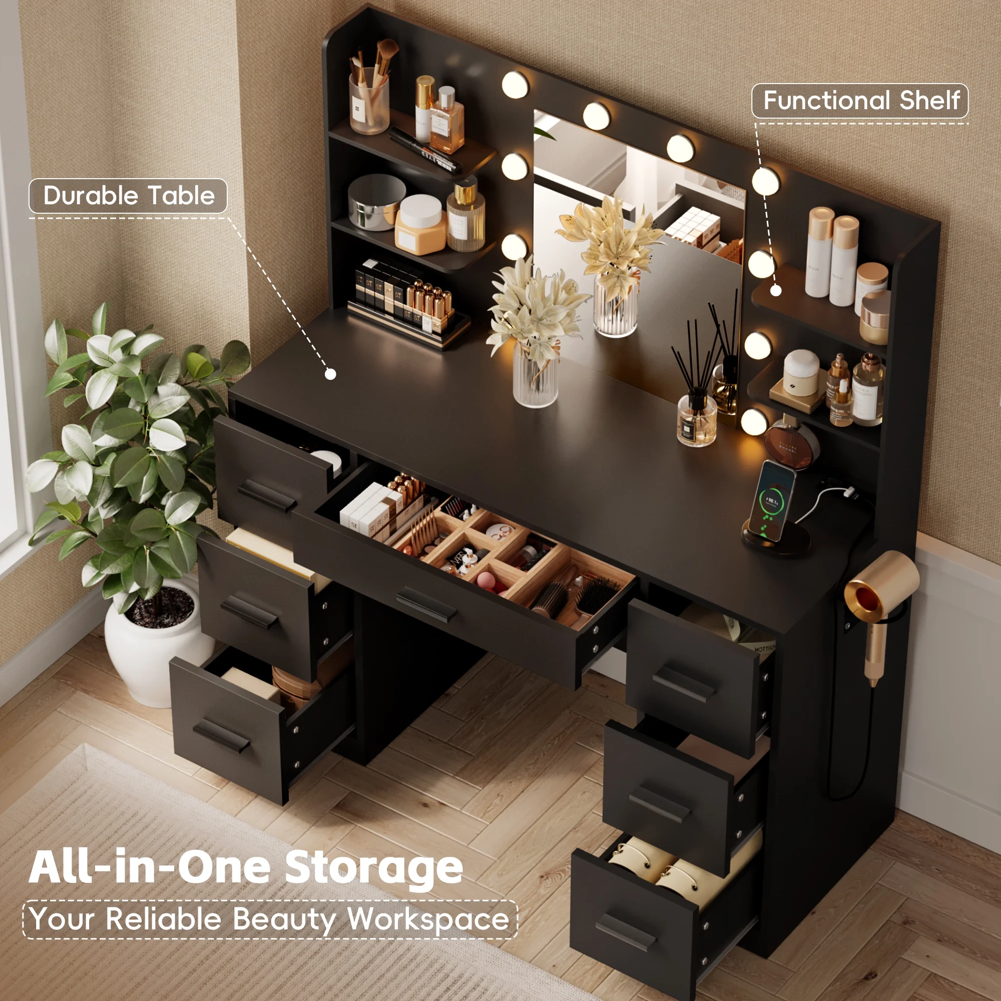 Lacoo Vanity Desk with Mirror and LED Lights, Makeup Vanity with 7 Drawers & 4 Shelves, Vanity Table with Power Outlet for Bedroom Dressing Room, White - Image 17