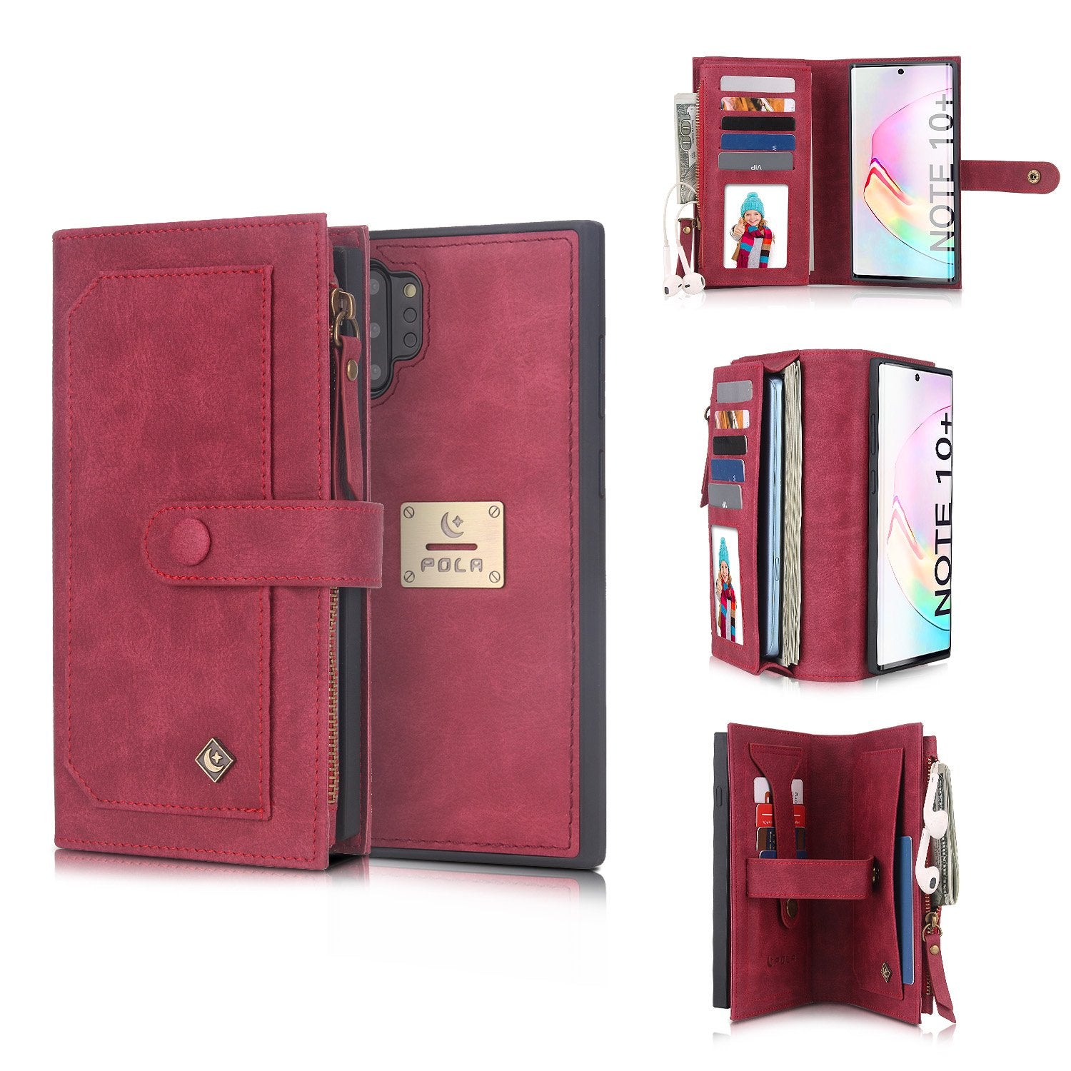 POLA Samsung Wallet Case , Leather Zipper Purse Detachable Magnetic 10 Card Slots Money Pocket Clutch Protection Back Cases Cover