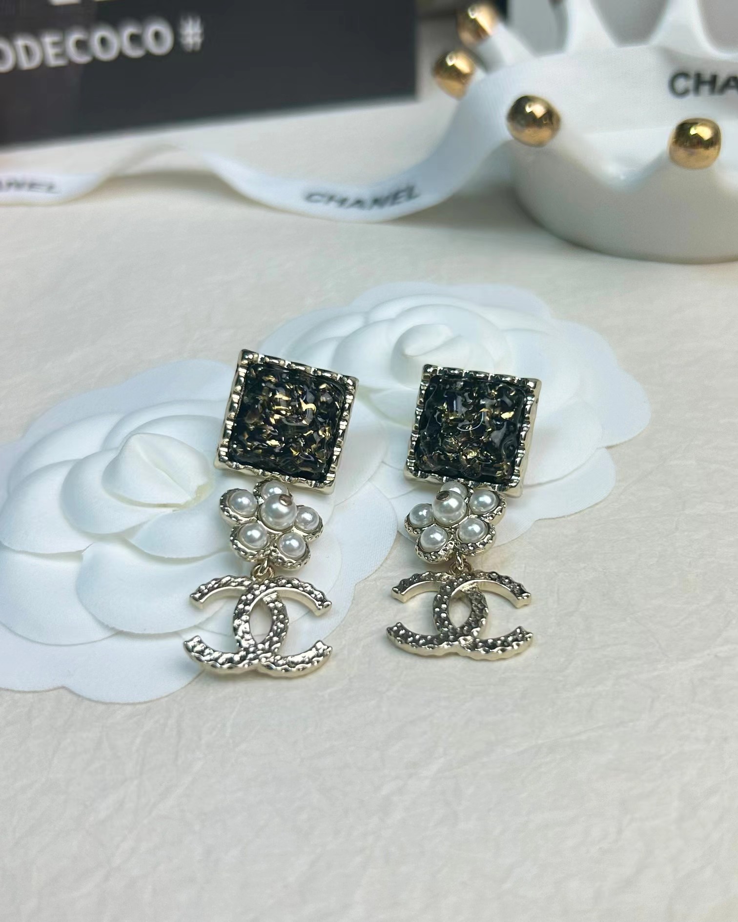 Chanel Pearl Flower Double C Dangle Earrings - Original Replica Club