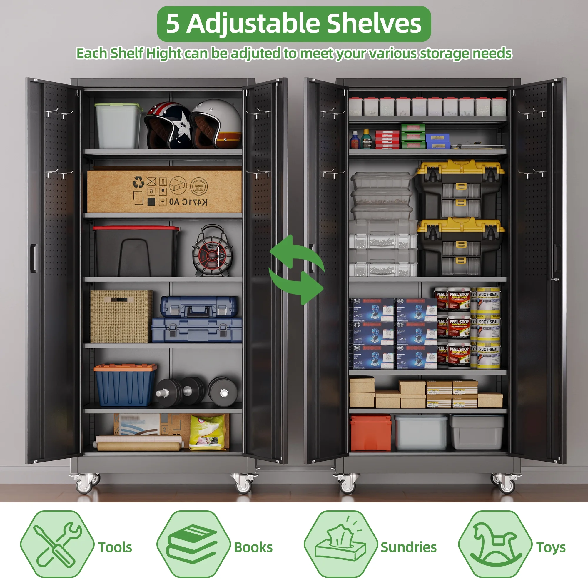 SUPEER Metal Rolling Storage Cabinets with Locking Doors and 5 Adjustable Shelves, Steel Garage Storage Cabinet for Garage, Office, Classroom, Assemble Required(Black) - Image 6