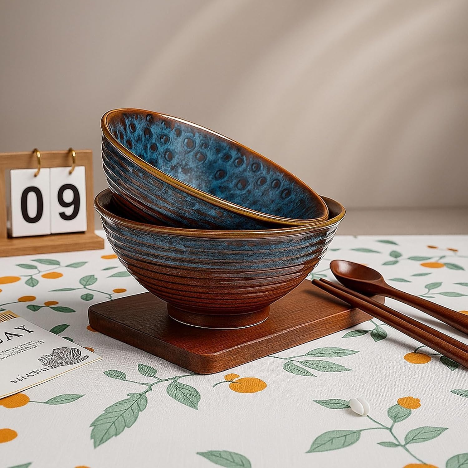 2x Ceramic Ramen Bowls - 40 oz - 20cm - With Spoon and Chopsticks for Ramen Soup Pho Udon Asian Noodles, Large Noodle Bowls (Cat's eye glaze 2 sets)