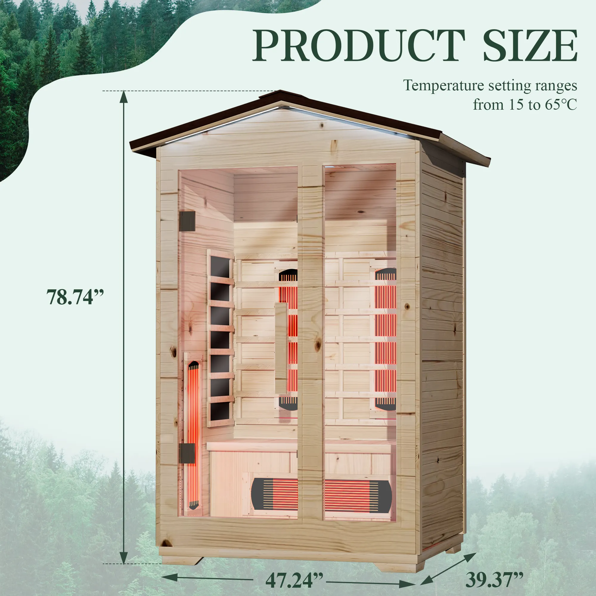 EROMMY Outdoor Sauna 2 Person, Far Infrared Wooden Sauna, Personal Sauna with Bluetooth Speaker and Changeable Chromotherapy Lighting