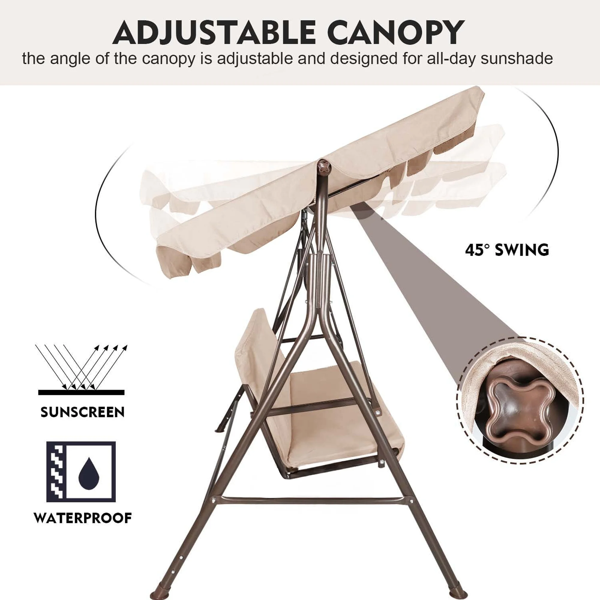 GVDV 3-Seat Steel Porch Paito Swing with Stand,Outdoor Swing Chair with Canopy,Yard swing&Outside swing,Canopy Swing-Brown - Image 11