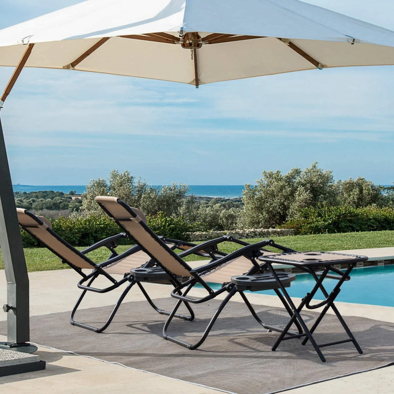 Vineego 3 Pieces Zero Gravity Chair Patio Foldable Chaise Lounge Chairs 2 Beach Chairs and Table with Cup Holders,Beige - Image 3