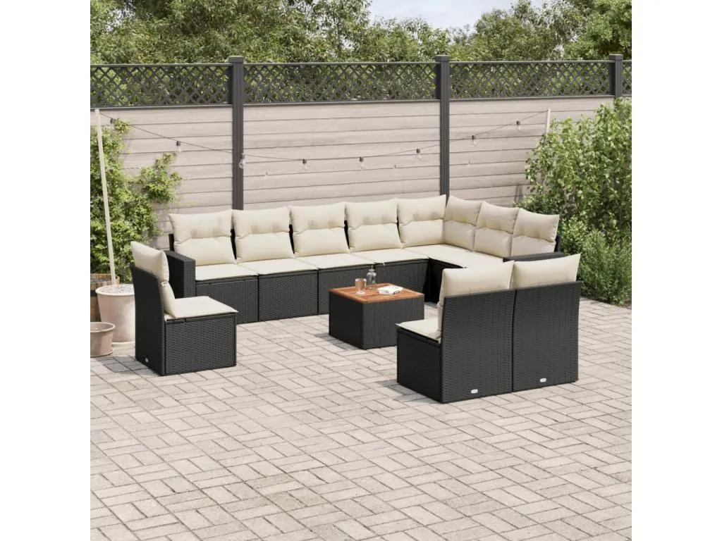 Set de sofás de jardín 11 pzas y cojines ratán sintético negro