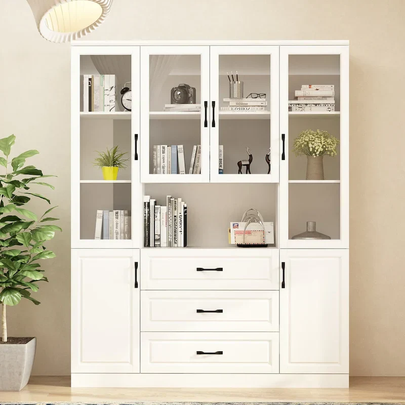 78.7-Inch Modular White Curio Cabinet with Glass Doors for Buffet Display