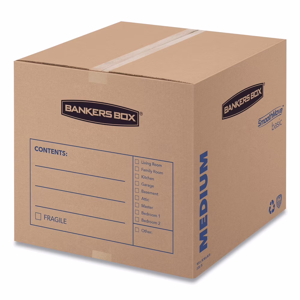 Bankers Box 7713901 SmoothMove Basic 18 in. x 18 in. x 16 in. Moving Boxes - Medium, Brown/Blue (20/Carton) - image 1