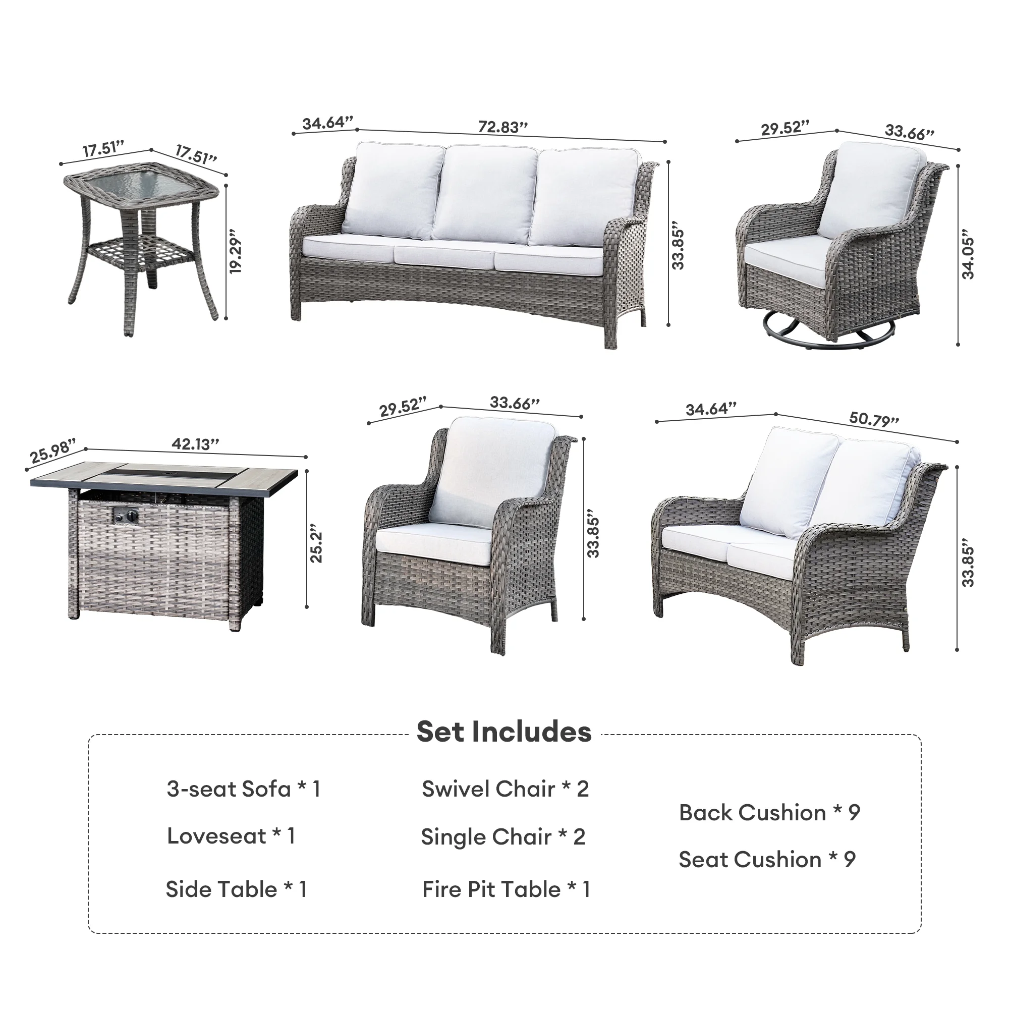 Vcatnet 8 Pieces Outdoor Patio Furniture Sectional Sofa All-weather Conversation Set with Swivel Rocking Chairs and Fire Pit Table for Garden,Poolside,Gray - Image 2