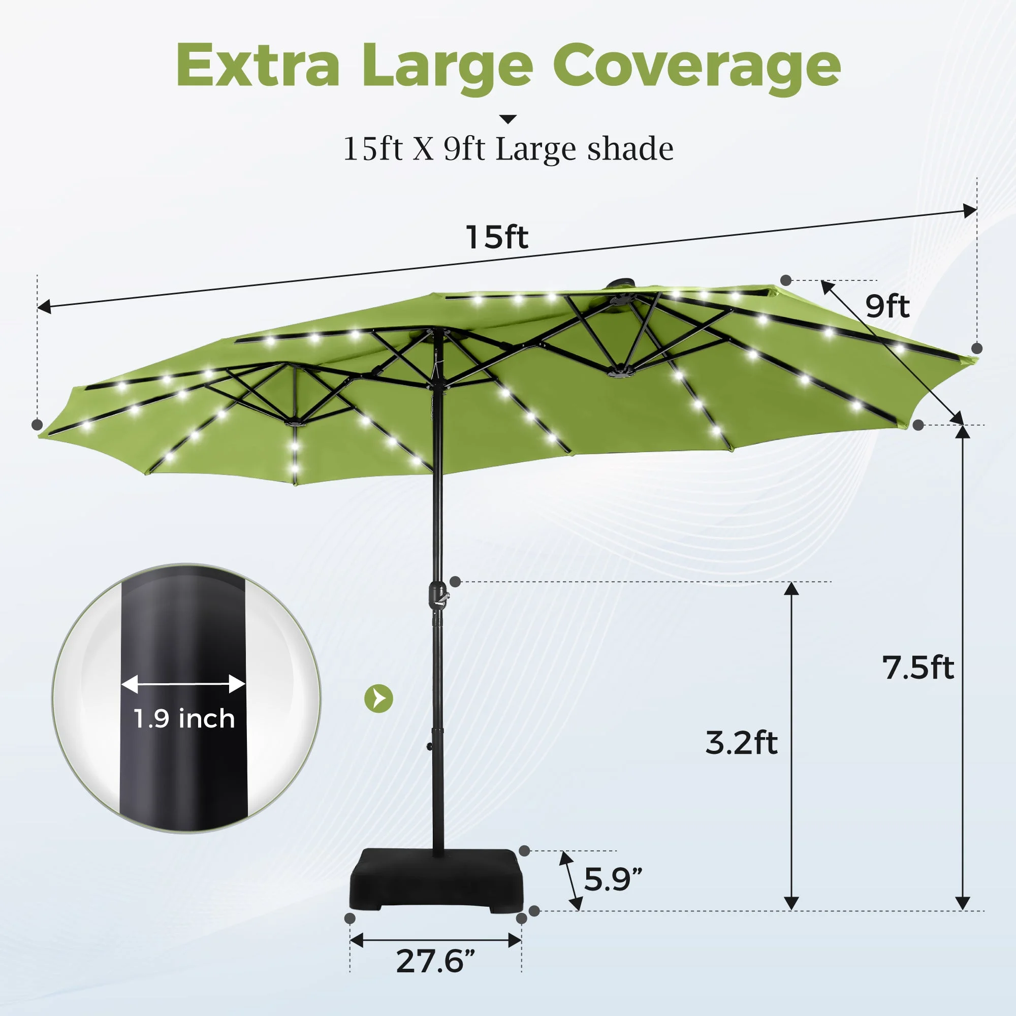 Alpha Joy 15ft Extra Large Outdoor Patio Double-Sided Umbrella with LED Solar Lights & Umbrella Base, Beige - Image 26